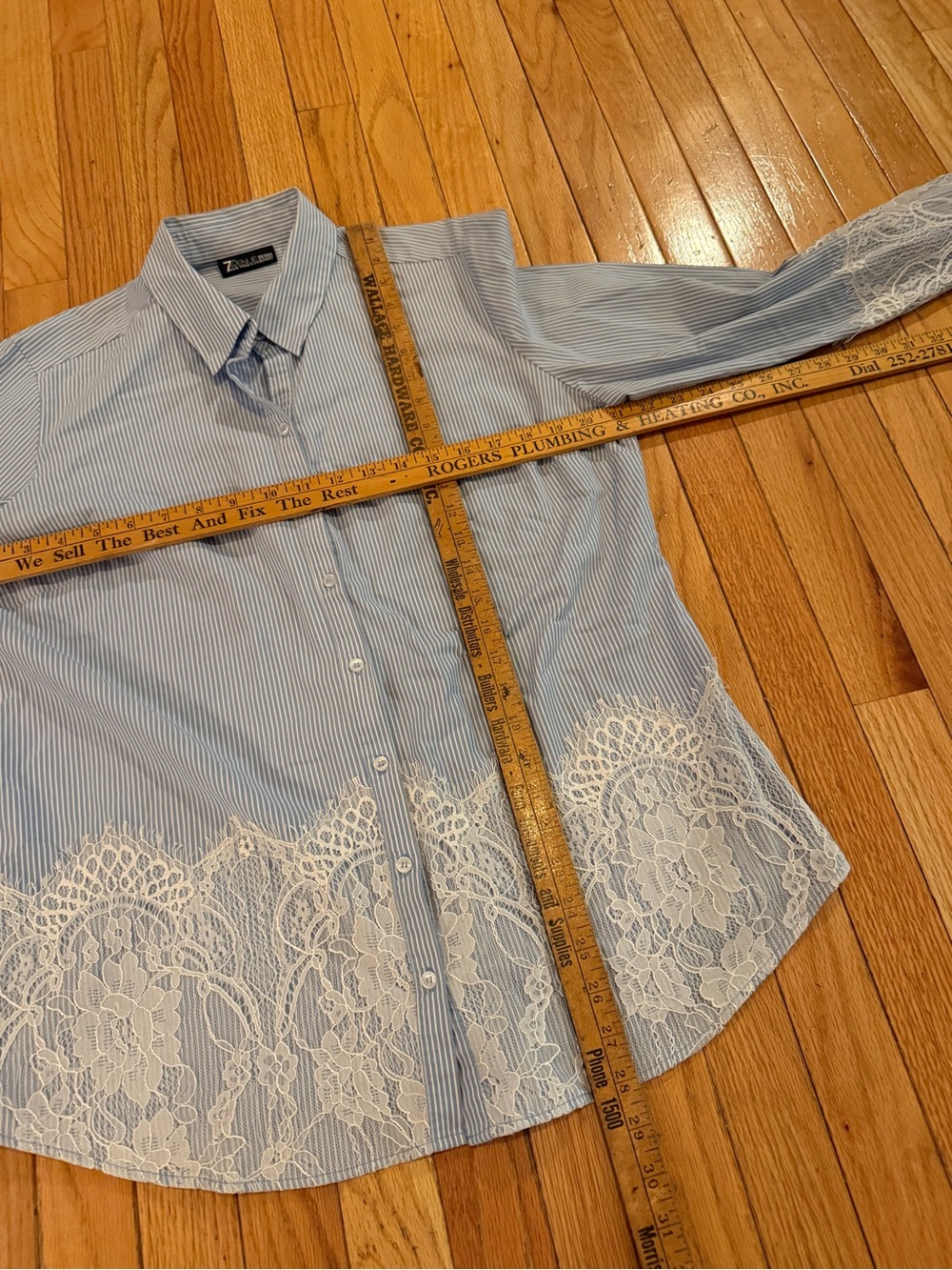 Blue Pinstripe Button-Up Shirt with White Lace Trim cotton - Picture 6 of 7